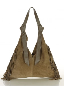 MARCO MAZZINI Béžová taupe semišová shopper kabelka s třásněmi