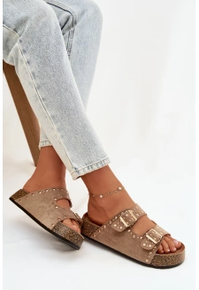 Dámské pantofle se zlatými přezkami a cvočky Tervina – khaki