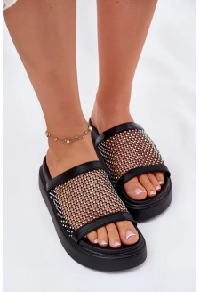 Dámské zdobené pantofle na platformě se síťkou S.Barski – černé