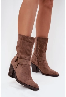 Dámské kotníkové boty Neria na sloupku s pásky a ozdobným detailem – hnědé