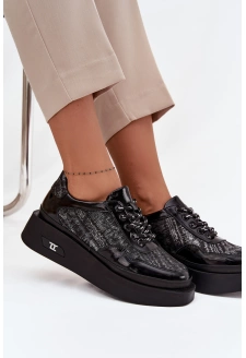 Dámské kožené šněrovací polobotky na platformě Artiker – černo/stříbrné