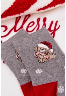 Dámské vánoční ponožky se sněhovými vločkami a medvídkem v čepici Santa – tmavě šedé