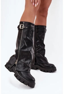 Dámské zateplené kozačky s vyhrnutou holení, přezkou a stříbrným zipem Armena – černé, eko semiš