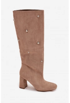 Dámské zateplené kozačky na podpatku s ozdobnými detaily Lucinda – béžové 