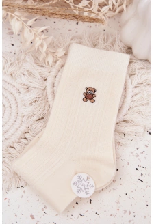 Dámské teplé ponožky s vlna a motivem medvídka – ecru