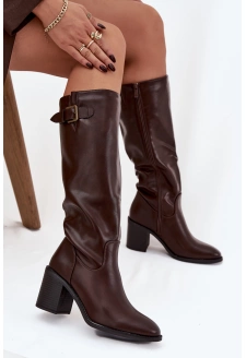 Dámské kotníkové boty Brenira na sloupkovém podpatku se sponou – čokoládové