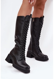 Dámské zateplené šněrovací kozačky na nízkém podpatku Vinceza – černé, pravá kůže