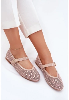 Dámské zdobené baleríny s páskem a přezkou Avirae – béžové