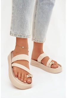 Dámské látkové pantofle s pásky a zlatým detailem – světle béžové Farielle