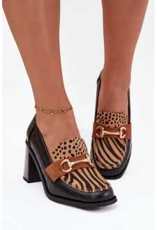 Dámské polobotky na sloupku s ražbou a zlatým detailem Novella – černo/béžové