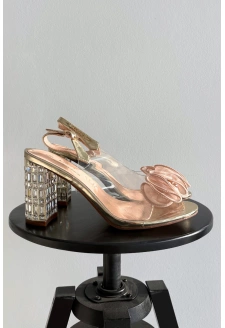 Dámské sandály s krystalky na sloupkovém podpatku – zlaté