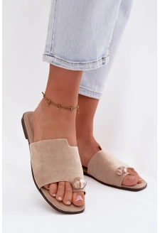 Dámské ploché pantofle s ozdobným detailem z eko semiše Selavine – béžové