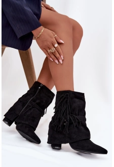 Dámské kotníkové boty na sloupku s třásněmi a zlatými přezkami Evelisse – černé