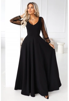 640-2 LORETTA wyjątkowa długa sukienka z tiulowymi rękawami i dekoltem - czarna