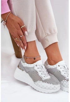 Dámské kožené ažurové sportovní sneakersy na klínku S.Barski – bílé