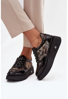 Dámské kožené šněrovací polobotky na platformě Artiker – černo/zlaté