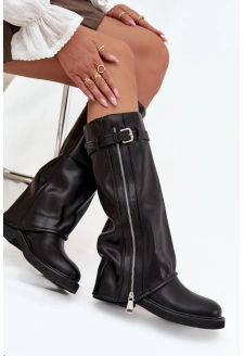 Dámské kozačky s ohrnovaným svrškem, sponou a stříbrným zipem, zateplené Bressa – černé