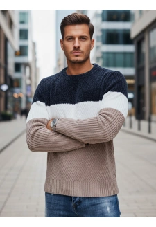 Sweter męski z okrągłym dekoltem granatowo-beżowy Dstreet WX2321