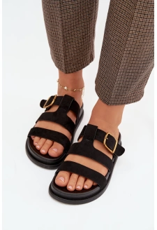 Dámské pantofle s pásky a zlatou přezkou – černé Ulirissa