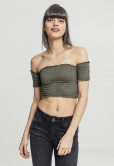 Ladies Cropped Cold Shoulder Smoke Top olivový