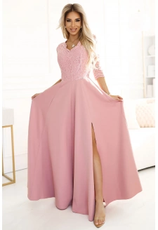 309-13 AMBER elegancka długa koronkowa suknia z dekoltem - PUDROWY RÓŻ