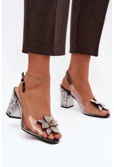 Dámské transparentní sandály s ozdobou na sloupkovém podpatku – černé