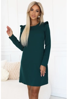 264-2 NELL Elegancka trapezowa sukienka z falbankami na ramionach - zieleń butelkowa