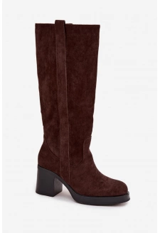 Zateplené dámské kozačky na masivním sloupkovém podpatku Sanelle – čokoládové