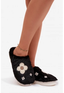 Dámské papuče s kožíškem a květinkami – černé Selinne