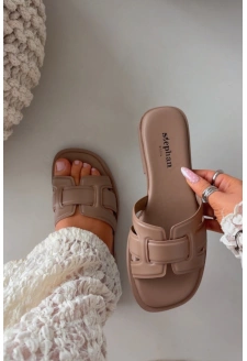 Dámské pantofle na nízkém podpatku – tmavě béžové Lorania