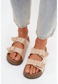 Dámské pantofle na korkové platformě se zlatými přezkami – světle béžové Tovessa