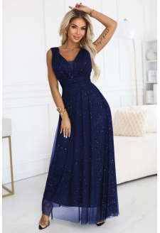 Večerní dlouhé šaty s brokátovým akcentem a hlubokým výstřihem - tmavě modré