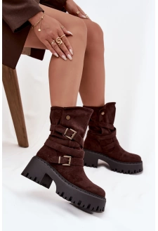 Dámské botky na masivním podpatku s pásky a přezkami Nerelisa – čokoládové
