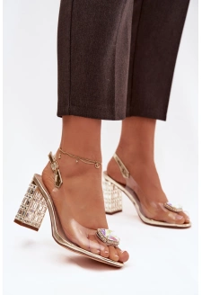 Dámské transparentní sandály s krystalky na sloupkovém podpatku – zlaté