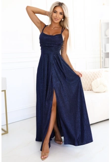 589-2 Długa sukienka z subtelnym połyskiem i gorsetowym wiązaniem na plecach - granatowa z brokatem