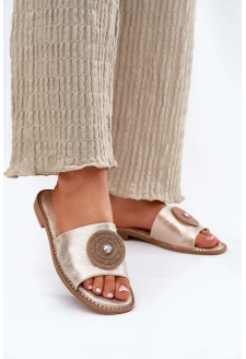 Dámské pantofle na nízkém podpatku s ozdobou S.Barski – zlaté