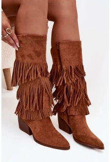 Dámské zateplené kovbojky s třásněmi Brivina – camel