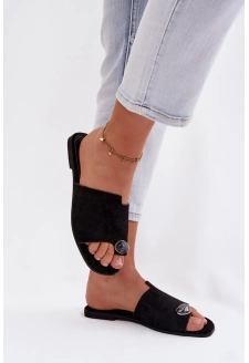 Dámské ploché pantofle s ozdobným detailem z eko semiše Selavine – černé