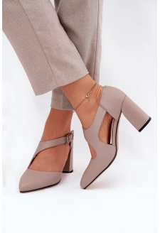 Dámské kožené lodičky na podpatku s ozdobnou sponou Vinceza – šedé