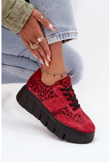 Dámské zateplené semišové sneakersy na masivní platformě Vinceza – červené s leopardím vzorem