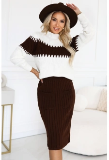 571-2 Dwuczęściowy komplet sweterkowy z dopasowaną spódnicą - czekoladowy