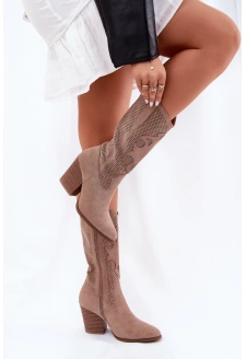 Dámské perforované kozačky ve stylu kovbojek na sloupkovém podpatku S.Barski – béžové, eko kůže