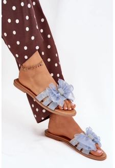 Dámské pantofle na nízkém podpatku s tylovou mašlí – denimové