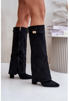 Dámské zateplené kozačky na sloupkovém podpatku s vyhrnutou holení Evyra – béžové, eko semiš