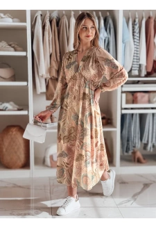 Sukienka one size midi w kwiatki LILOVIE beżowa Dstreet EY2573