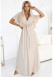 545-3 Długa sukienka z plisowanym dekoltem i wiązaniem - BEŻOWA