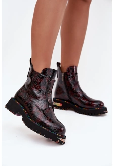 Lakované Dámské Botky Artiker – Bordové, zateplené, přírodní kůže