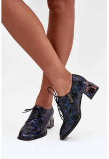 Dámské kožené lakované polobotky na podpatku s krystalky Artiker – tmavě modré