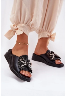 Dámské pantofle na klínu s mašlí – černé Moonzella