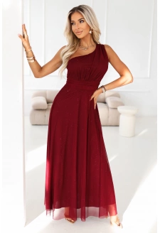 656-1 Długa błyszcząca suknia wieczorowa na jedno ramię - burgund